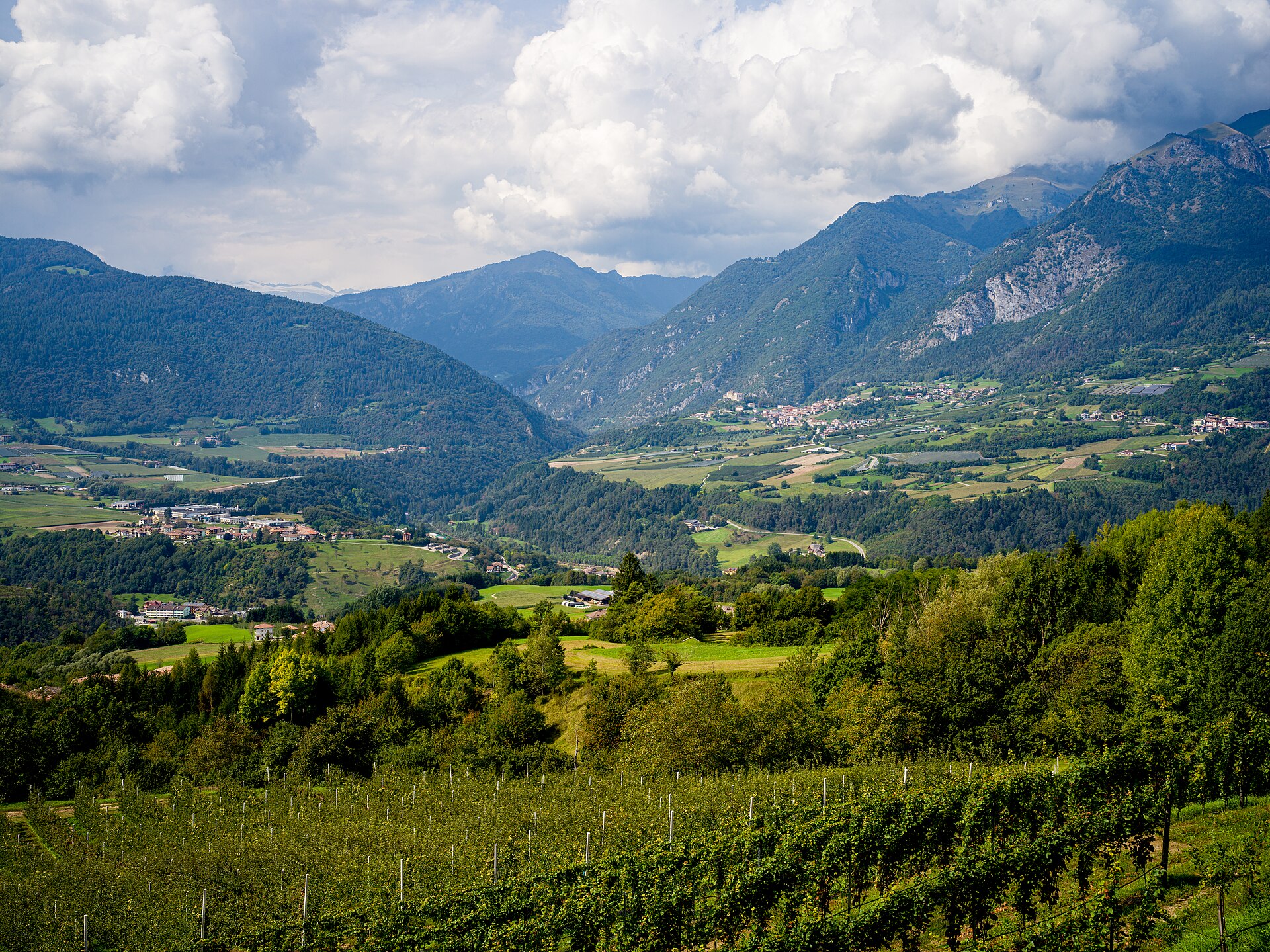 Green Comano landscape and Stenico beneath the mountains in summer