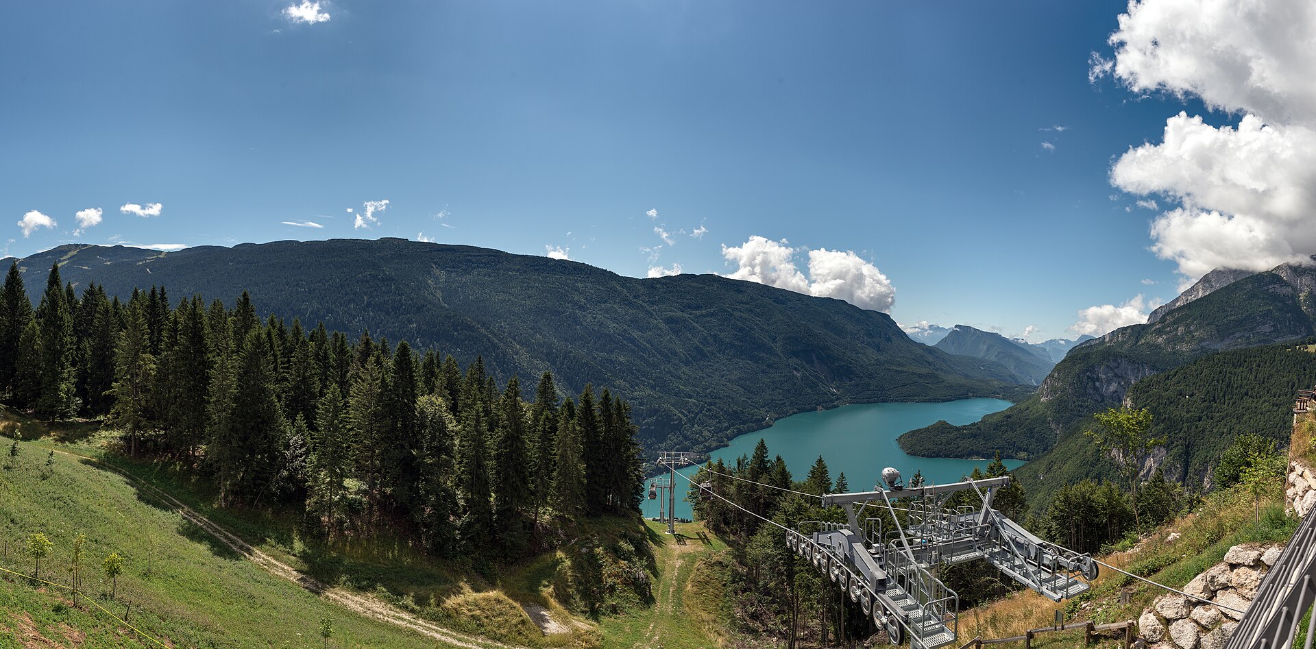 Lake Molveno seen from the Pradel plateau above the forest