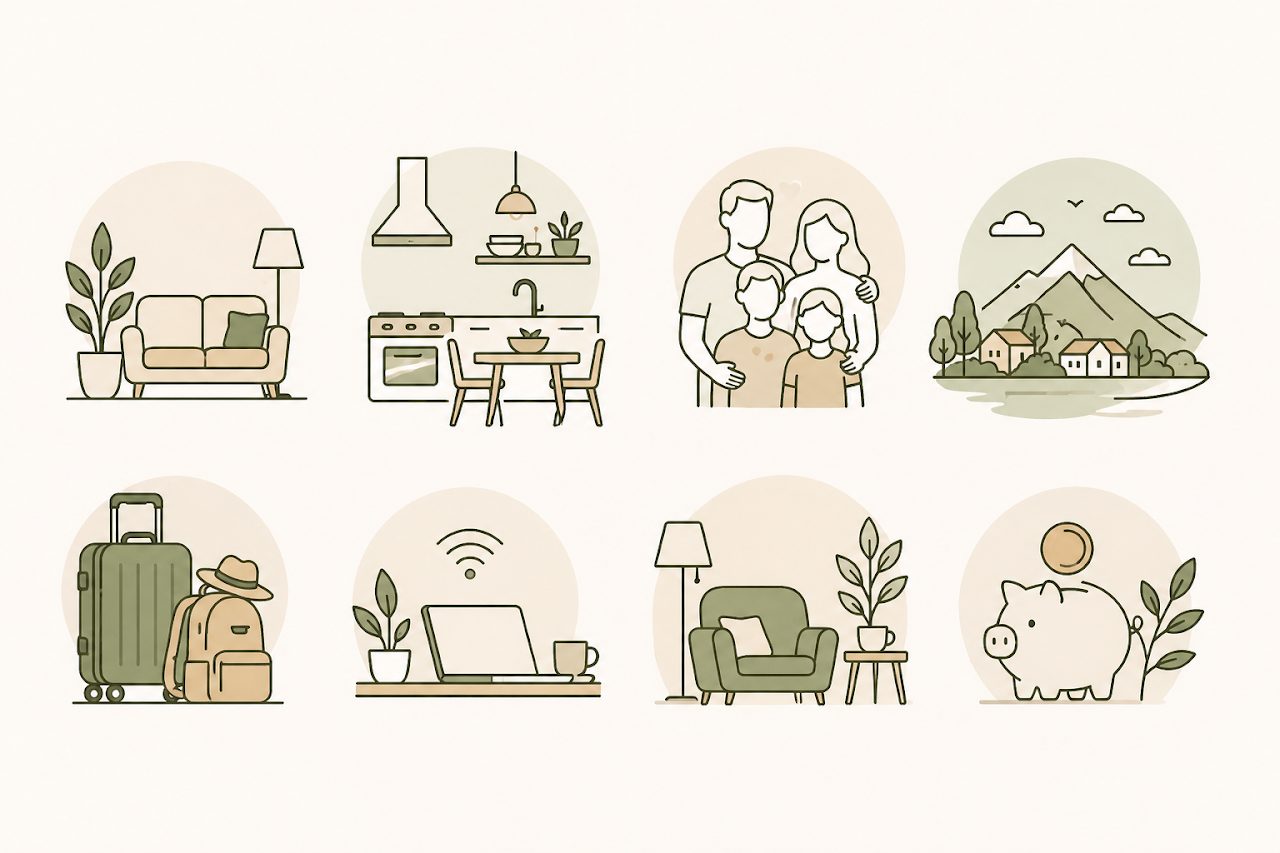 Casa Regina 21 house, family, travel, Wi-Fi, and saving illustrations