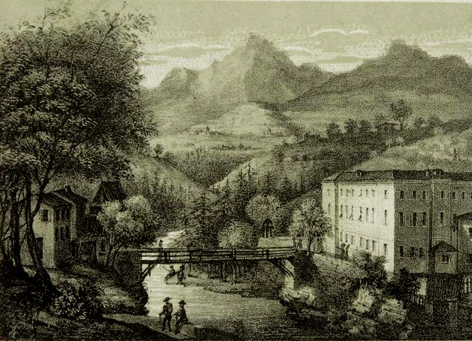 Historic 1862 engraving of the original Terme di Comano establishment beside the river