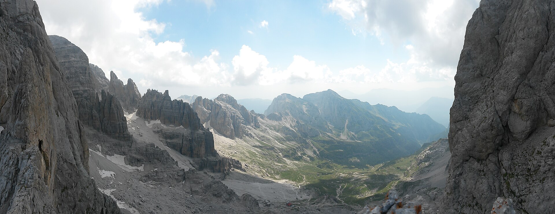 Rock towers and high mountain paths in Val d’Ambiez in the Brenta Dolomites